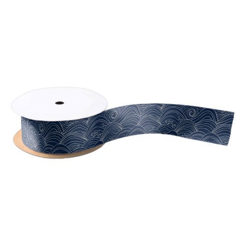Japanese wave pattern motif dark blue white satin ribbon