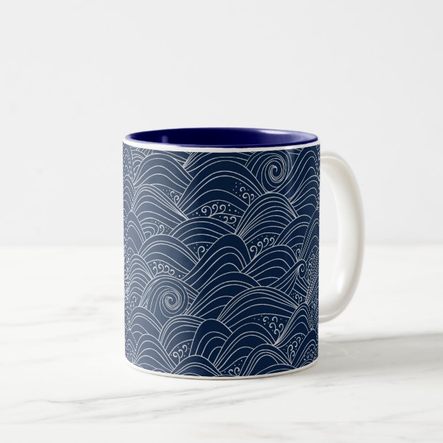 Japanese wave pattern motif dark blue white Two-Tone coffee mug (Front Right)