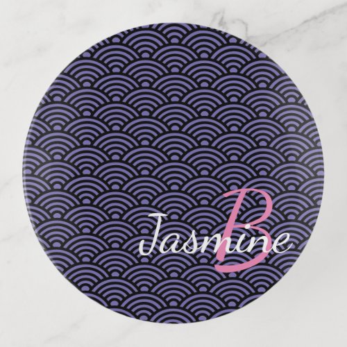 Japanese Wave Pattern with Name and Monogram Trinket Tray