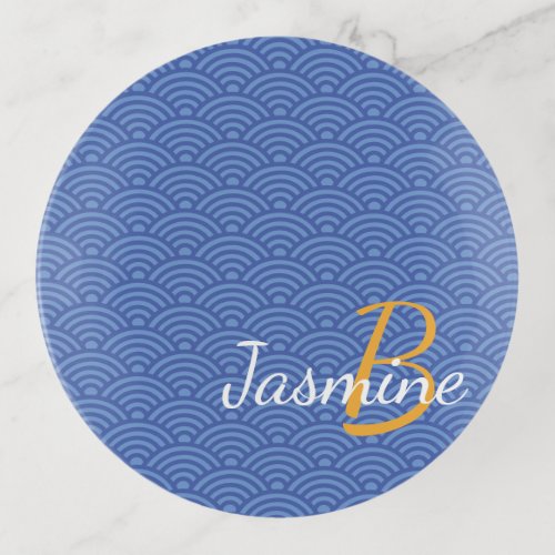 Japanese Wave Pattern with Name and Monogram Trinket Tray