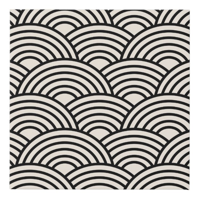 Japanese Wave Seigaiha Black And Cream White Faux Canvas Print (Front)