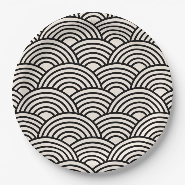 Japanese Wave Seigaiha Black And Cream White Paper Plates (Front)