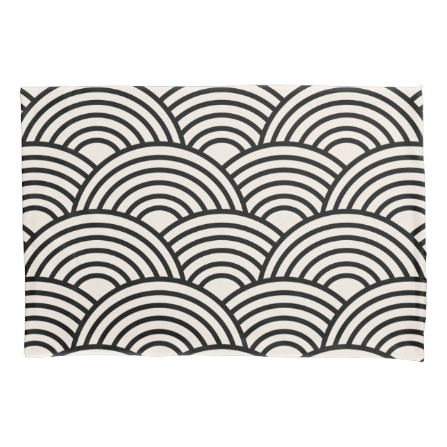 Japanese Wave Seigaiha Black And Cream White Pillow Case (Front)