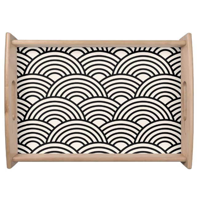 Japanese Wave Seigaiha Black And Cream White Serving Tray (Front)