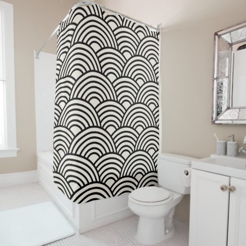 Japanese Wave Seigaiha Black And Cream White Shower Curtain