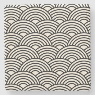 Japanese Wave Seigaiha Black And Cream White Stone Coaster
