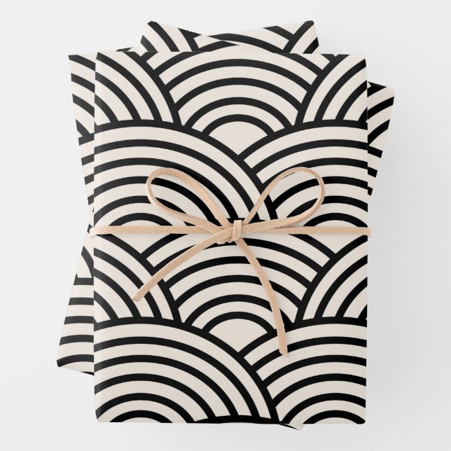 Japanese Wave Seigaiha Black And Cream White Wrapping Paper Sheets (In situ)