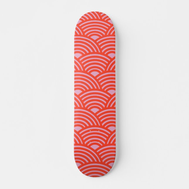Japanese Wave Seigaiha Pattern Pink Red Skateboard (Front)