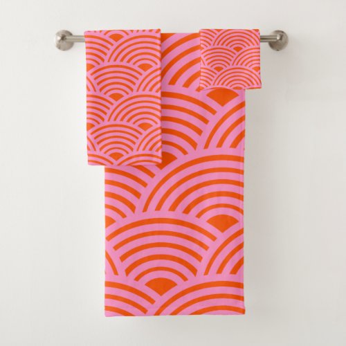 Japanese Wave Seigaiha Pattern Preppy Orange Pink Bath Towel Set