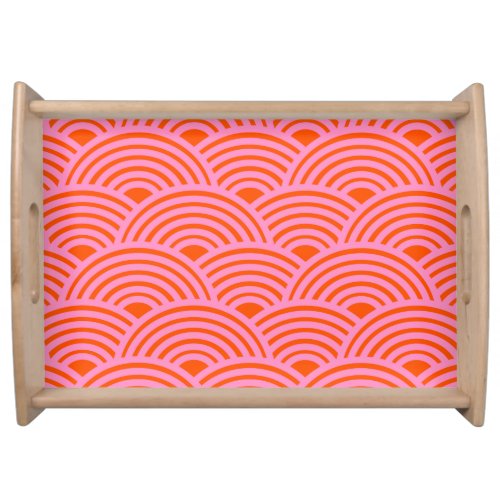 Japanese Wave Seigaiha Pattern Preppy Orange Pink Serving Tray
