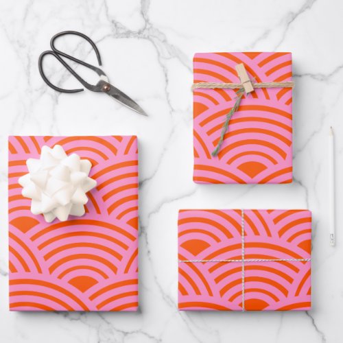 Japanese Wave Seigaiha Pattern Preppy Orange Pink Wrapping Paper Sheets