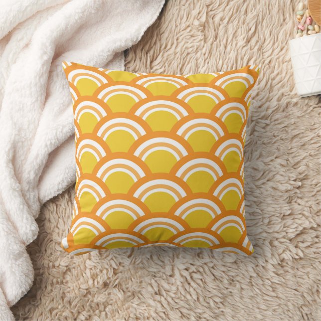 Japanese Wave Seigaiha  Pattern Yellow Orange  Throw Pillow (Blanket)