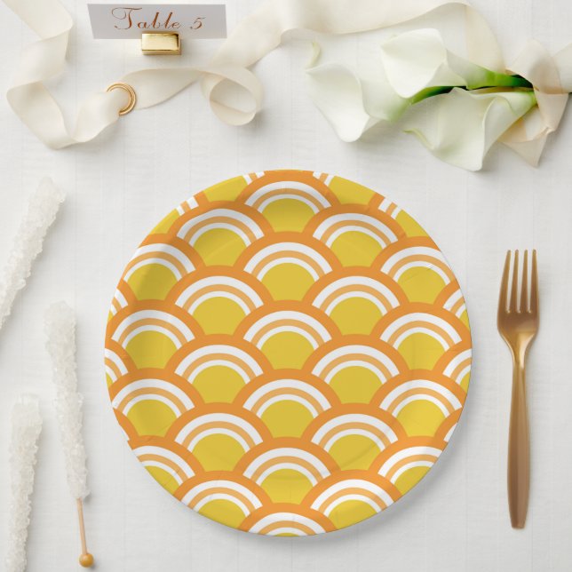 Japanese Wave Seigaiha Yellow Orange Pattern  Paper Plates (Wedding)