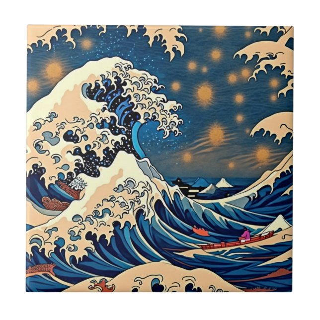 Japanese Wave Starry Sky Ceramic Art Tile (Front)