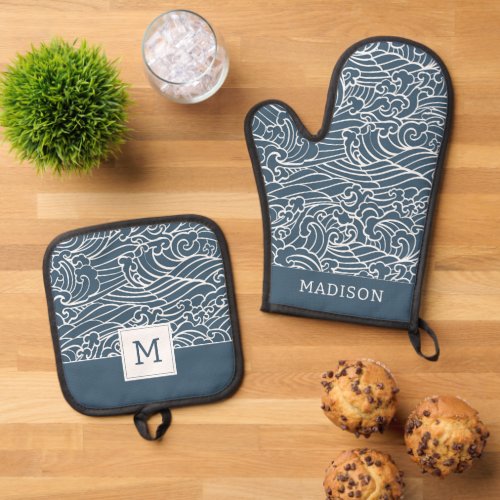 Japanese Wave Style Pattern Oven Mitt  Pot Holder Set