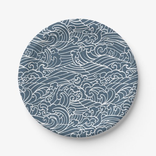 Japanese Wave Style Pattern Paper Plates