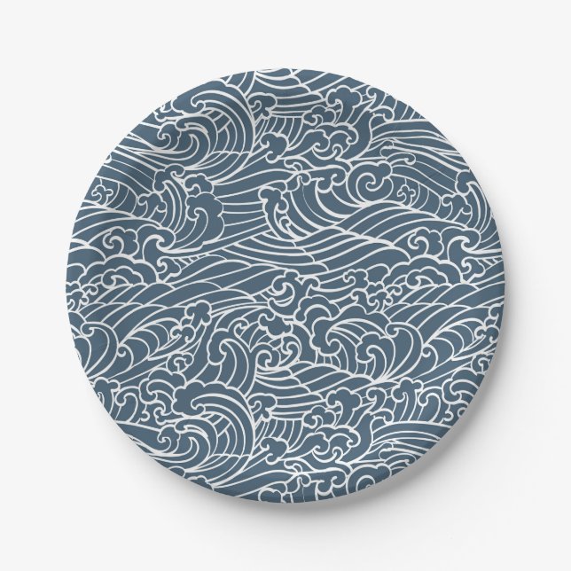 Japanese Wave Style Pattern Paper Plates (Front)