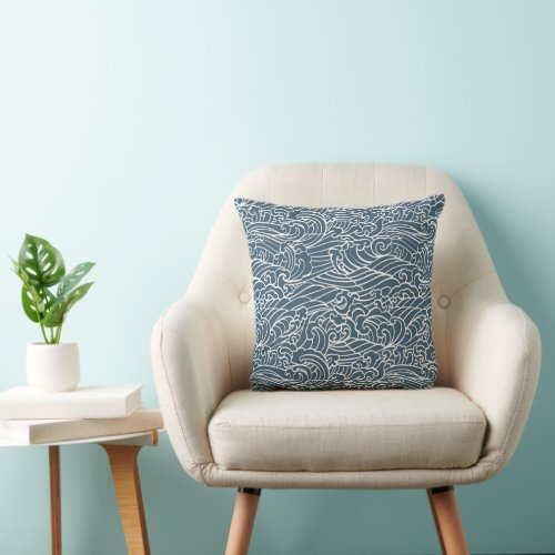 Japanese Wave Style Pattern Throw Pillow