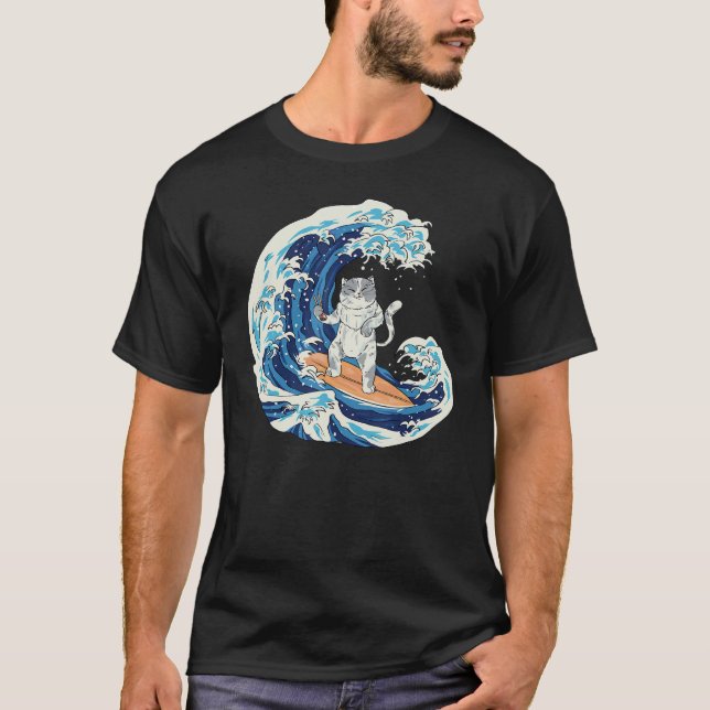 Japanese Wave Surfing Cat Eating Sushi 1 T-Shirt (Front)