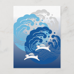 Japanese Wave & White Rabbit Postcard