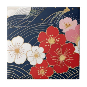 Japanese Waves and Blossoms Ceramic Tile - Piece 5