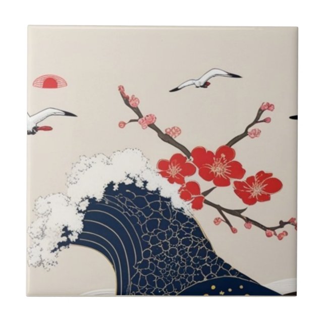Japanese Waves and Blossoms Ceramic Tile - Piece 6 (Front)