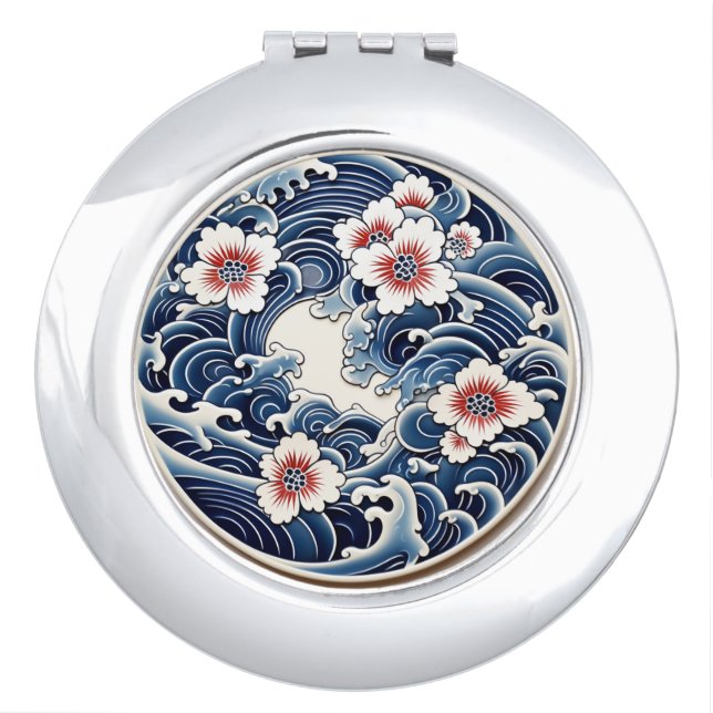 Japanese Waves and Flowers Mirror Compact  (Front)