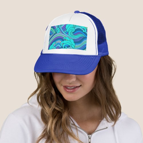 Japanese Waves Blue Green Elegant Classy Trucker Hat