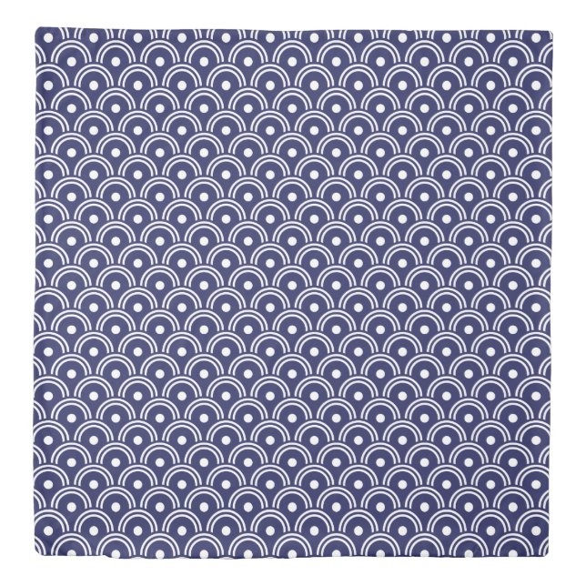 Japanese Waves Motif in Dark Navy White Stripes Duvet Cover (Front)