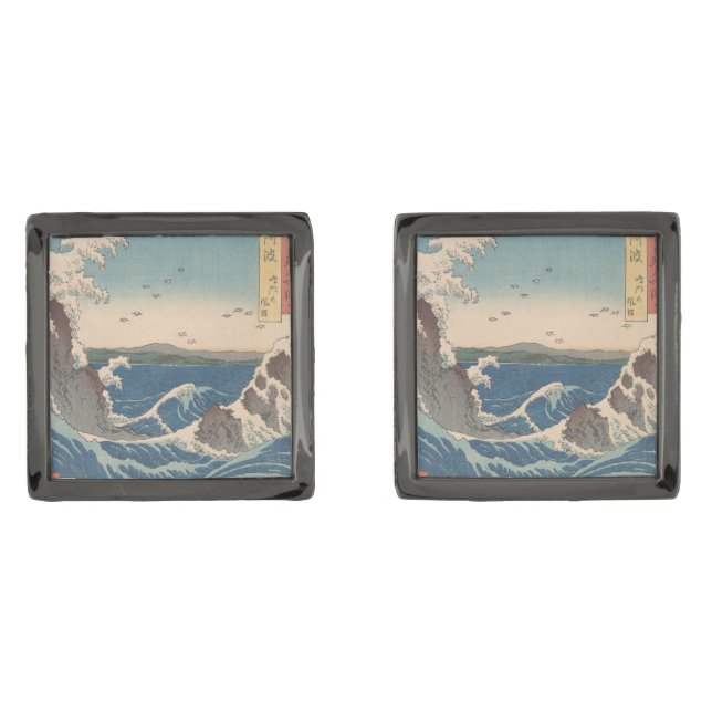 Japanese Waves Naruto Whirlpool Artwork Gunmetal Finish Cufflinks (Front)