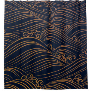 Japanese Waves Pattern Dark Blue and Gold Shower Curtain