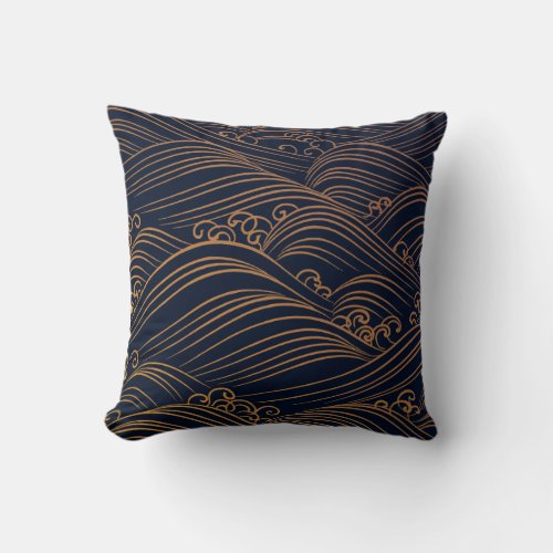 Japanese Waves Pattern Dark Blue and Gold Throw Pillow