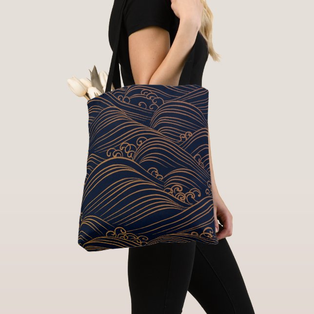 Japanese Waves Pattern Dark Blue and Gold Tote Bag (Close Up)