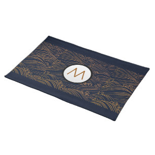 Japanese Waves Pattern Dark Blue Gold Personalized Placemat
