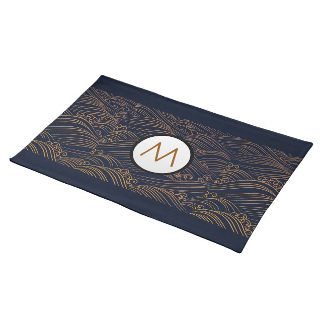 Japanese Waves Pattern Dark Blue Gold Personalized Placemat (On Table)