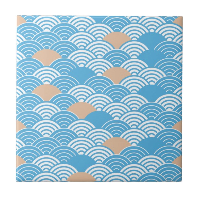 Japanese Waves Pattern Light Blue Beige White Ceramic Tile (Front)