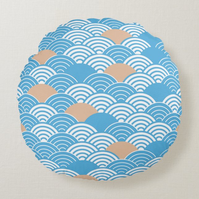 Japanese Waves Pattern Light Blue Beige White  Round Pillow (Front)