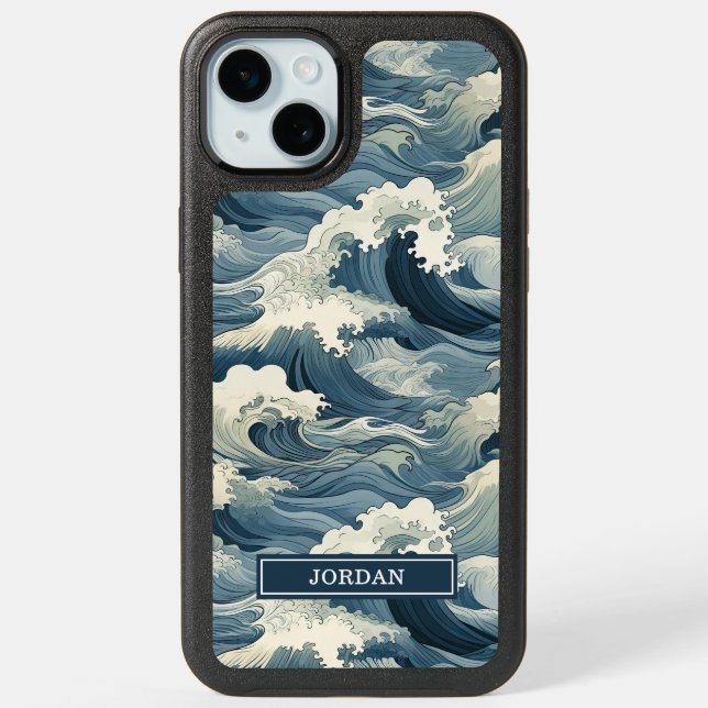Japanese Waves Pattern Monogrammed iPhone 15 Plus Case (Back)