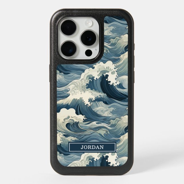 Japanese Waves Pattern Monogrammed iPhone 15 Pro Case (Back)