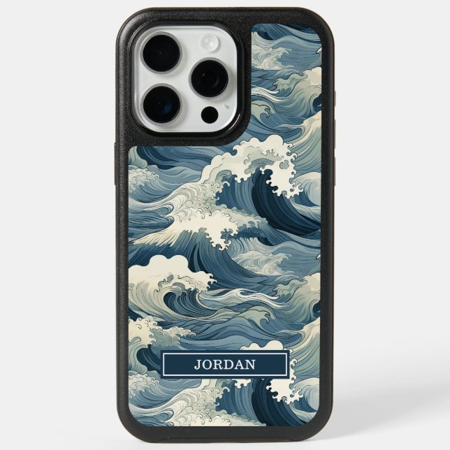 Japanese Waves Pattern Monogrammed iPhone 15 Pro Max Case (Back)