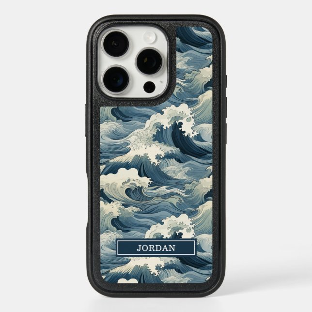 Japanese Waves Pattern Monogrammed Otterbox iPhone Case (Back)