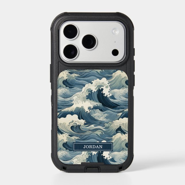 Japanese Waves Pattern Monogrammed Otterbox iPhone Case (Back)