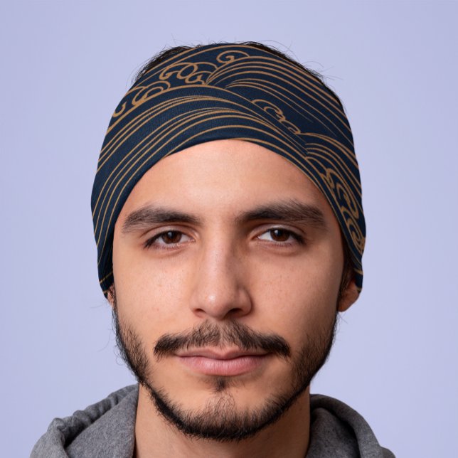 Japanese Waves Pattern Navy Blue and Gold Brown Bandana (Creator Uploaded)