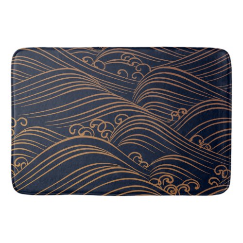 Japanese Waves Pattern Navy Blue and Gold Brown Bath Mat