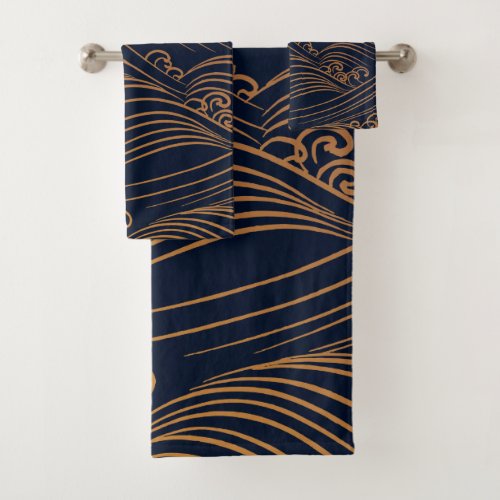 Japanese Waves Pattern Navy Blue and Gold Brown Bath Towel Set