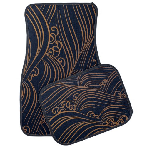 Japanese Waves Pattern Navy Blue and Gold Brown Car Floor Mat