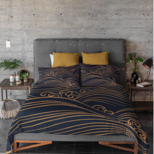 Japanese Waves Pattern Navy Blue and Gold Brown Duvet Cover