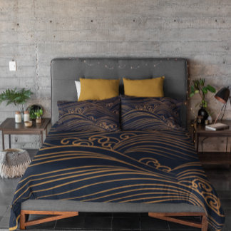 Japanese Waves Pattern Navy Blue and Gold Brown Duvet Cover
