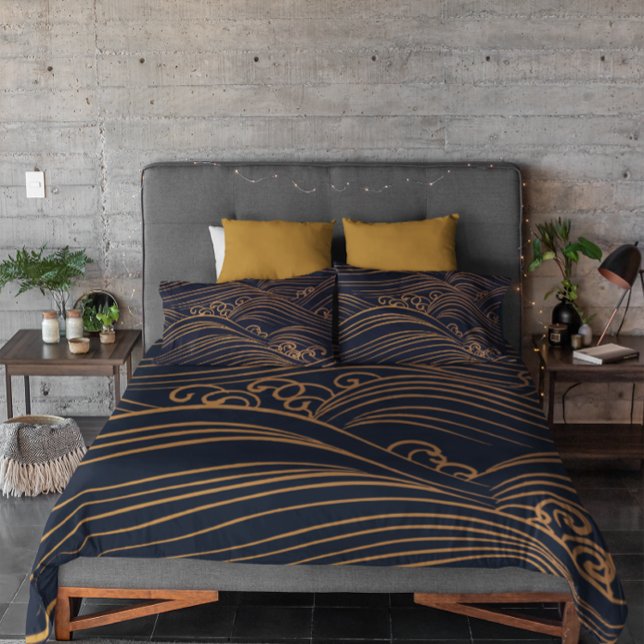 Japanese Waves Pattern Navy Blue and Gold Brown Duvet Cover (Creator Uploaded)