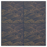 Japanese Waves Pattern Navy Blue and Gold Brown Fabric